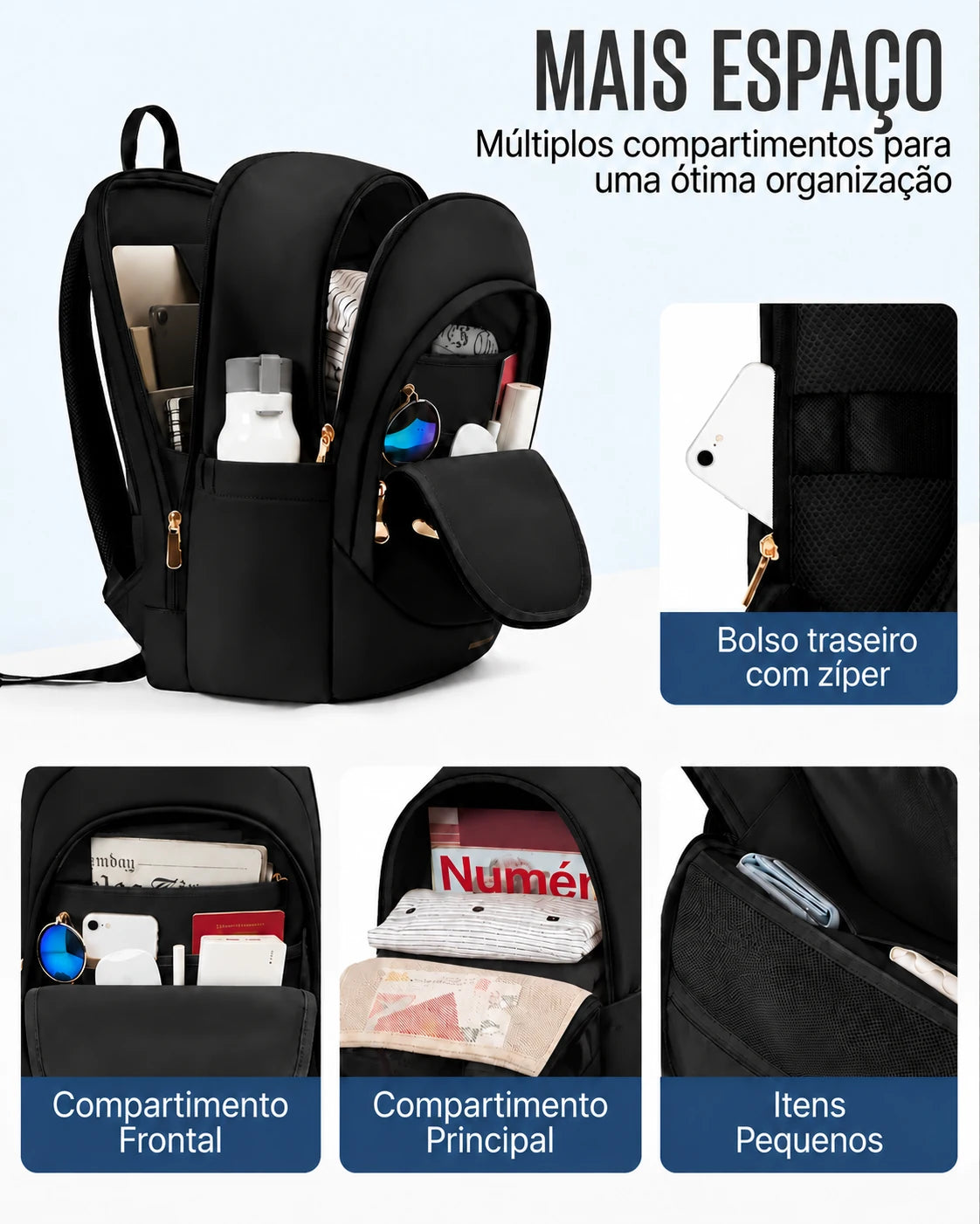 Bolsos divisores, compartimentos e forro Preto da mochila Light Flight