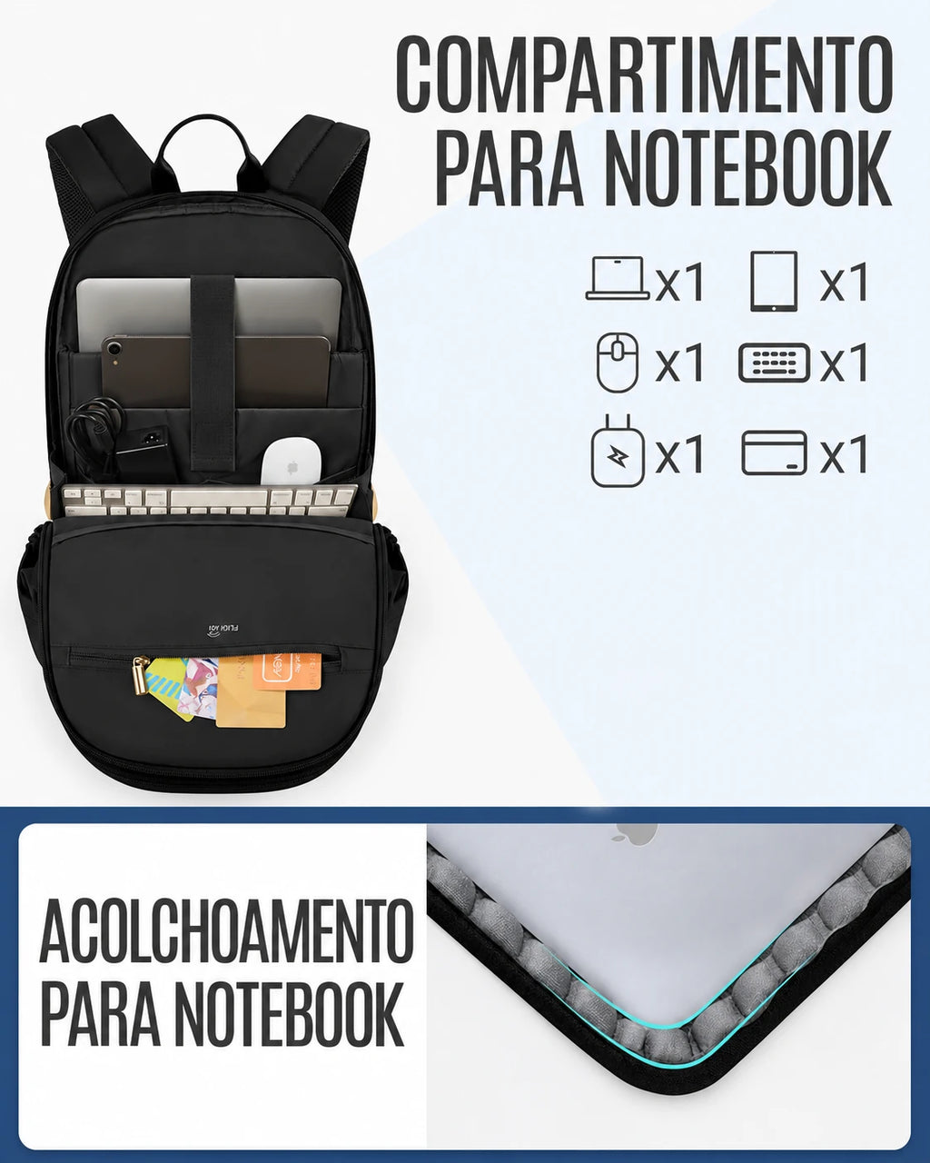Compartimento acolchoado para notebook e forro Preto da mochila Light Flight