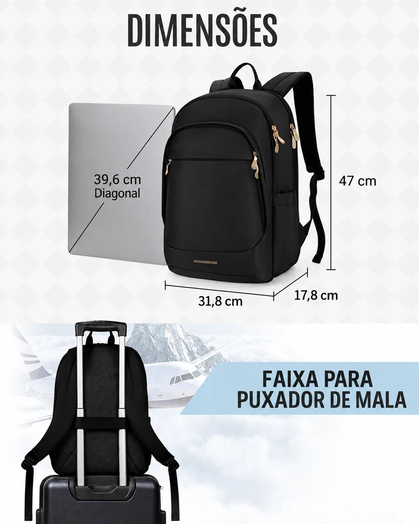 Mochila Light Flight cor Preto: 47 cm de altura, 31,8 cm de largura e 17,8 cm de profundidade