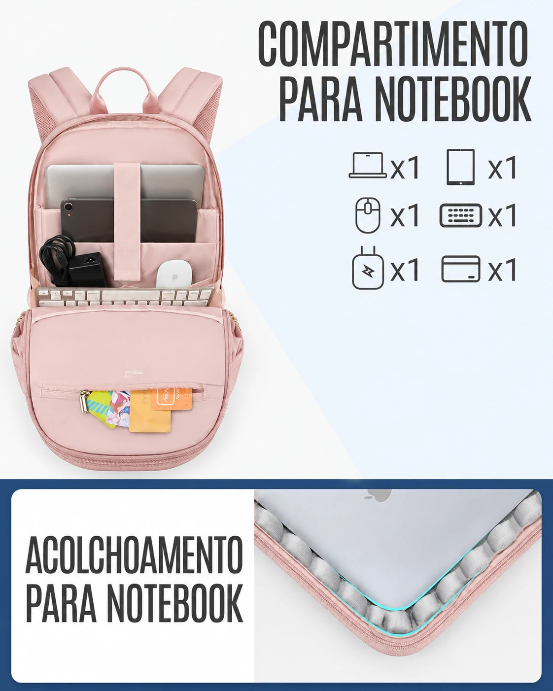 Compartimento acolchoado para notebook e forro Rosa da mochila Light Flight