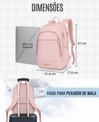 Mochila Light Flight cor Rosa: 47 cm de altura, 31,8 cm de largura e 17,8 cm de profundidade