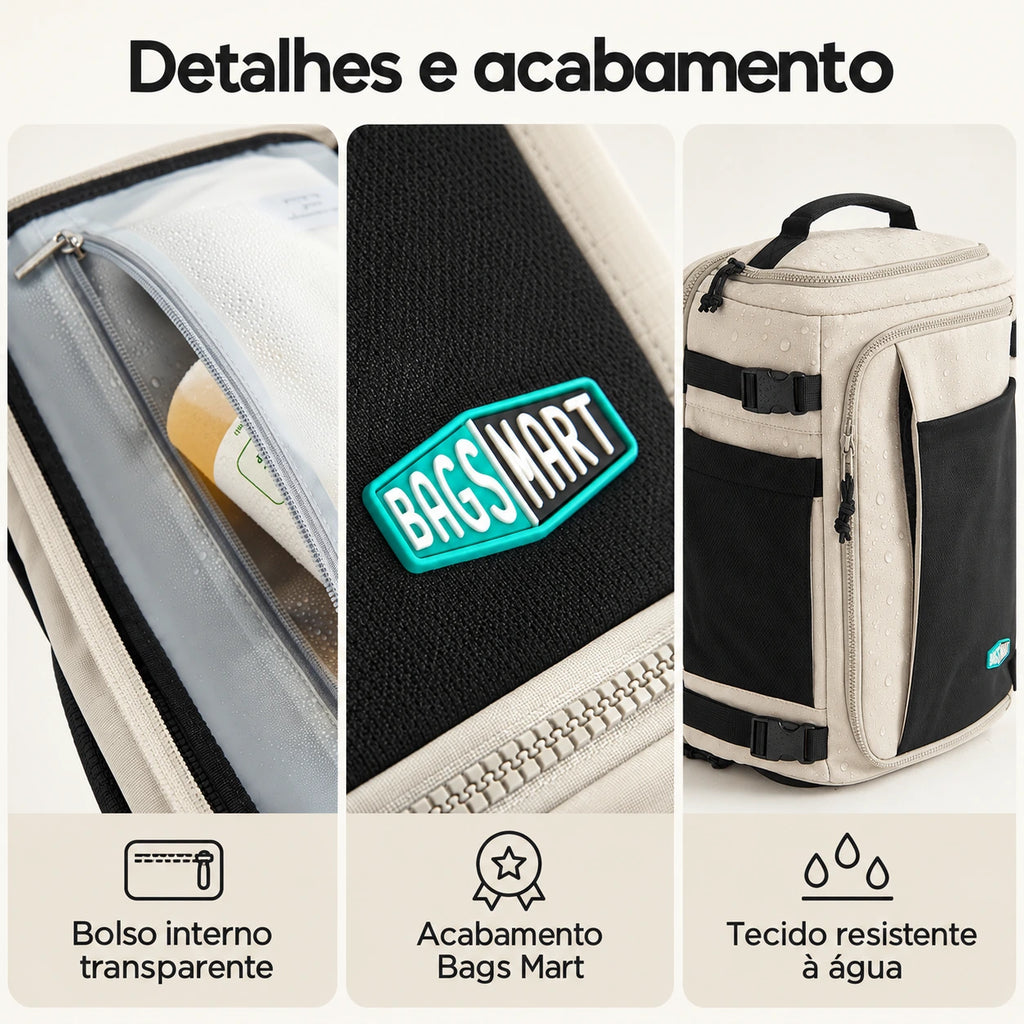 Mochila de Viagem Expansível 38 L com Compartimento para Sapatos Bags Mart Cor Bege — tecido, forro e acabamento