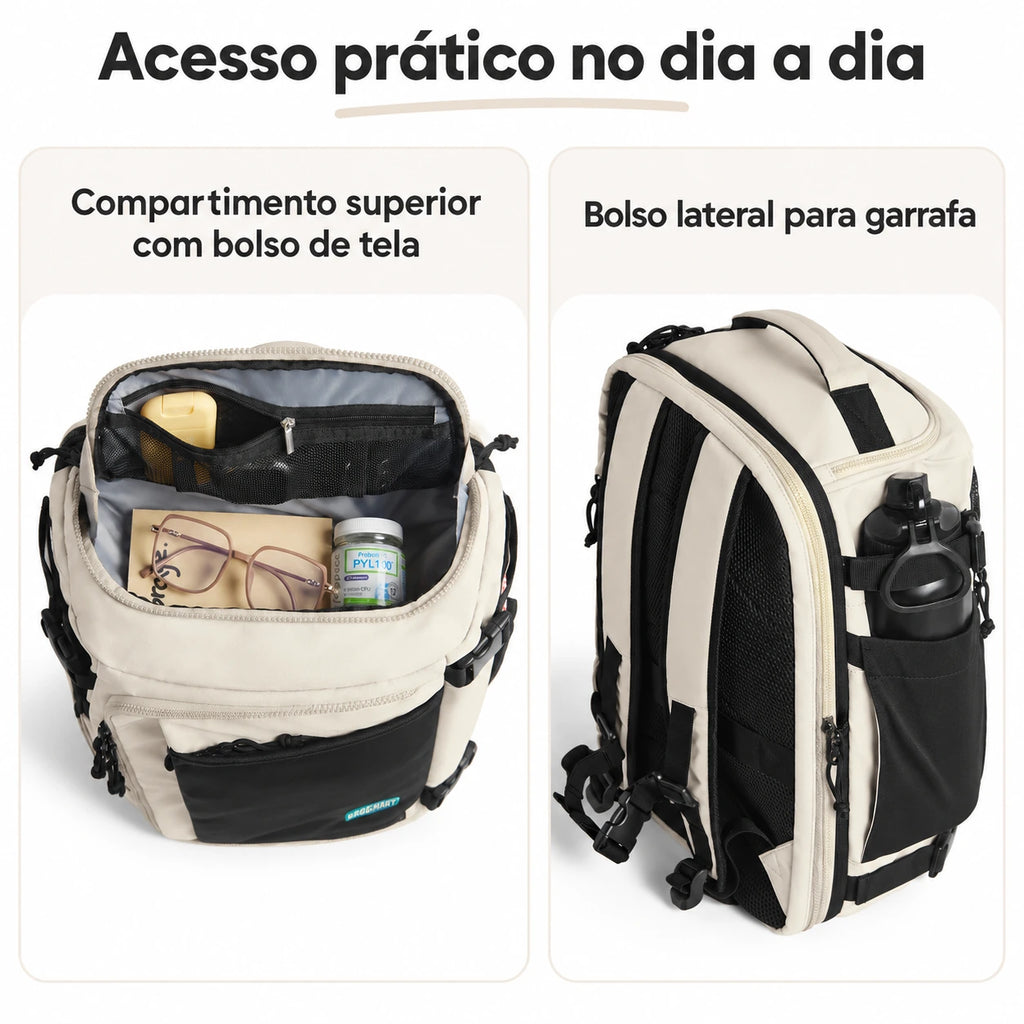 Mochila de Viagem Expansível 38 L com Compartimento para Sapatos Bags Mart Cor Bege — compartimento superior e bolso lateral