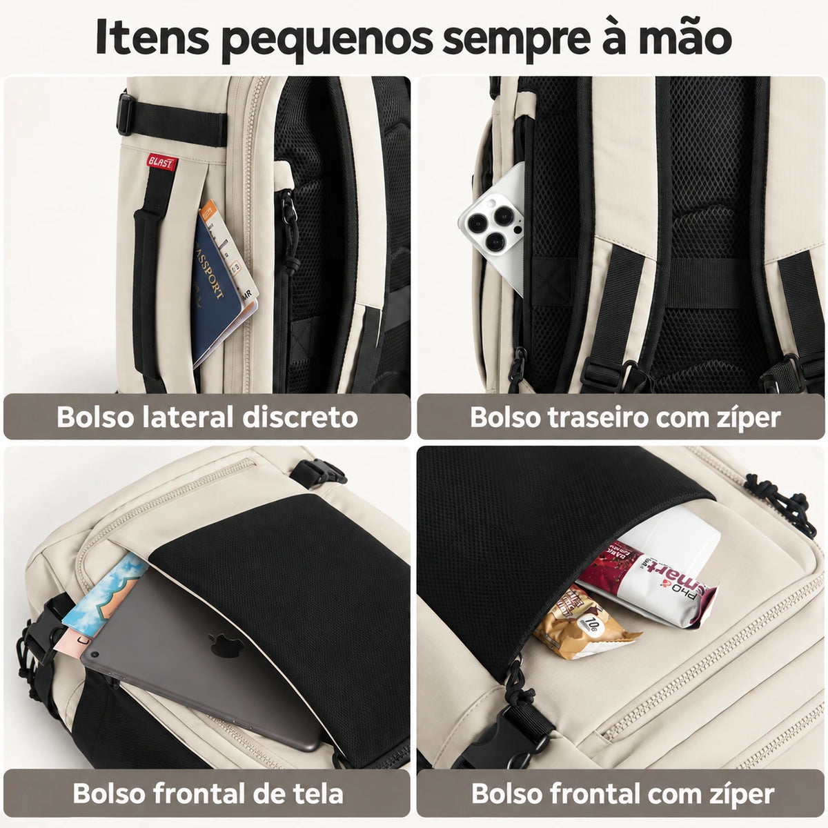 Mochila de Viagem Expansível 38 L com Compartimento para Sapatos Bags Mart Cor Bege — bolsos e organização