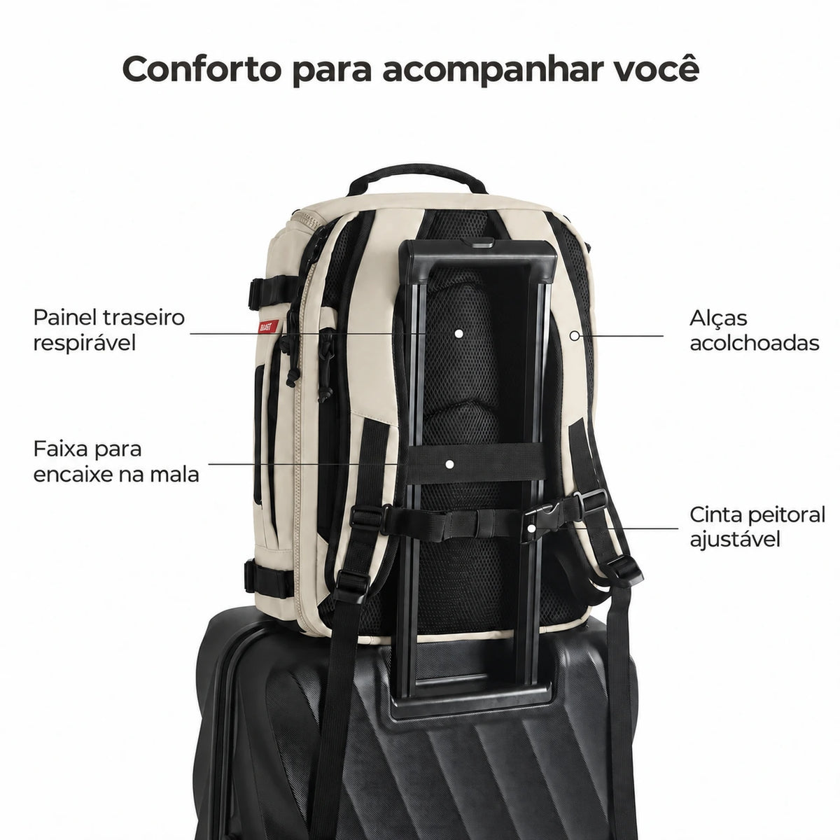 Mochila de Viagem Expansível 38 L com Compartimento para Sapatos Bags Mart Cor Bege — alças e painel traseiro