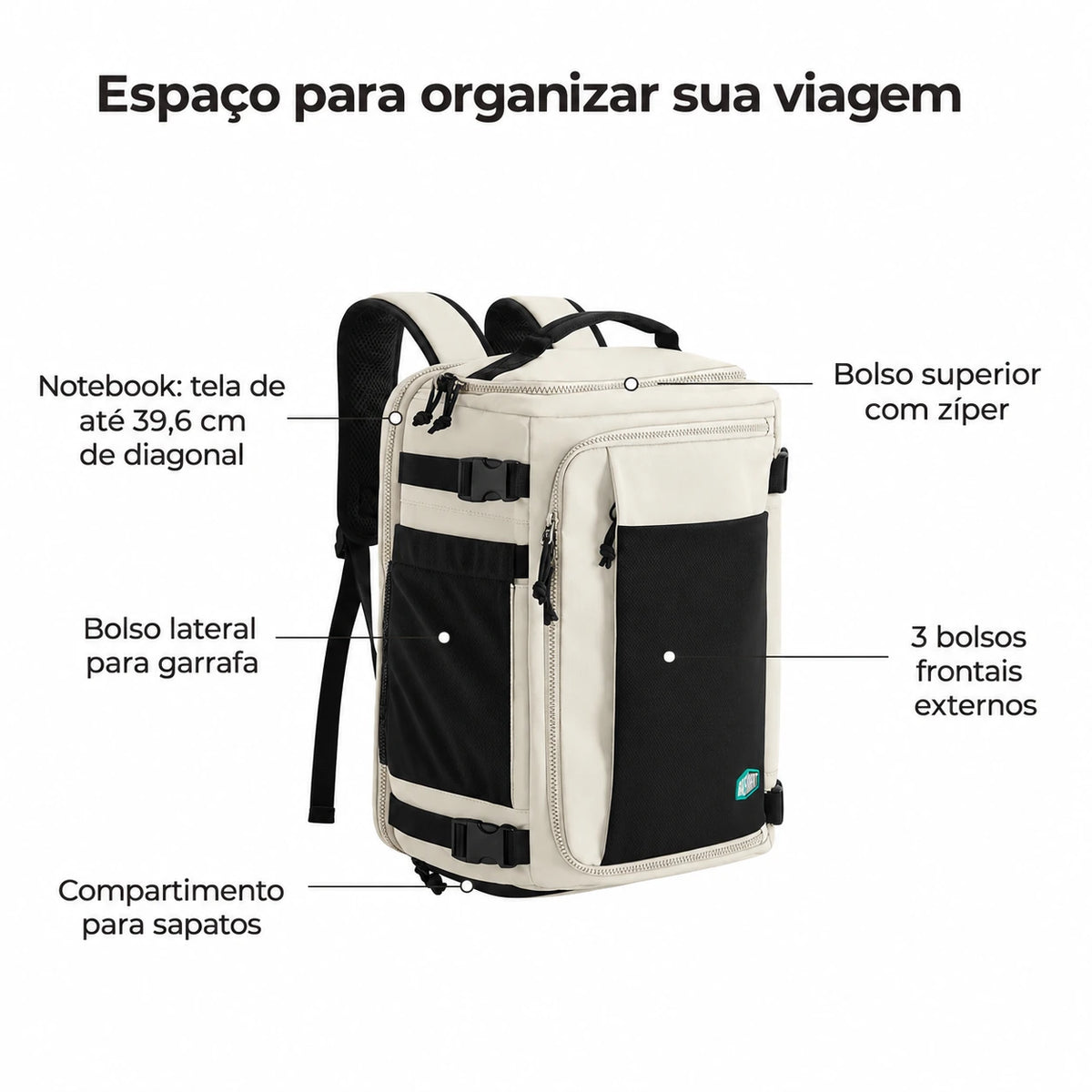 Mochila de Viagem Expansível 38 L com Compartimento para Sapatos Bags Mart Cor Bege — compartimentos e bolsos externos