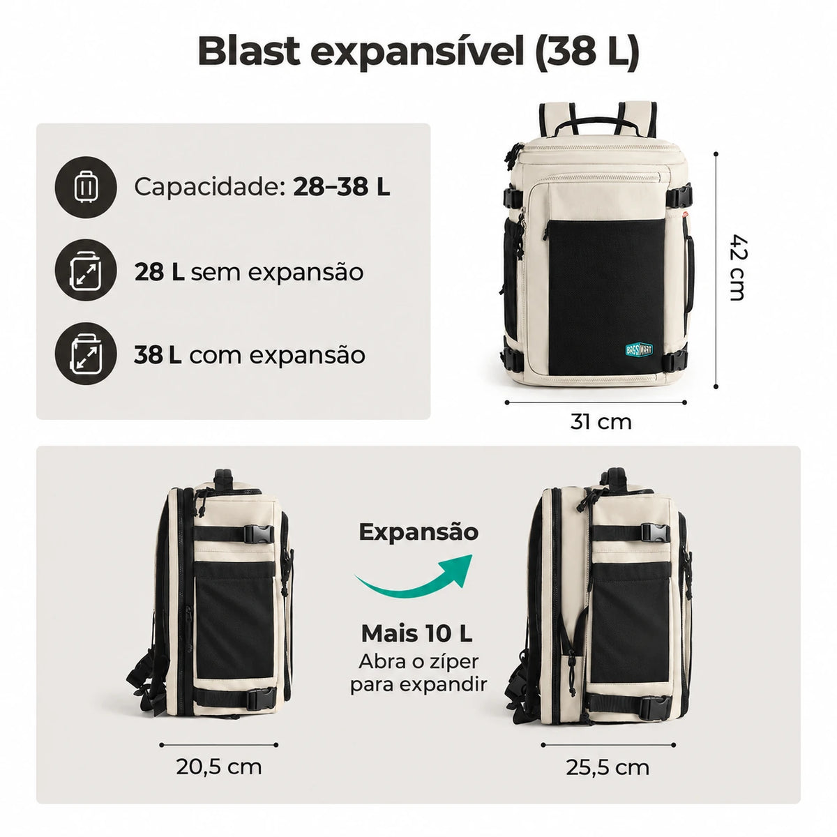 Mochila de Viagem Expansível 38 L com Compartimento para Sapatos Bags Mart Cor Bege — dimensões em centímetros