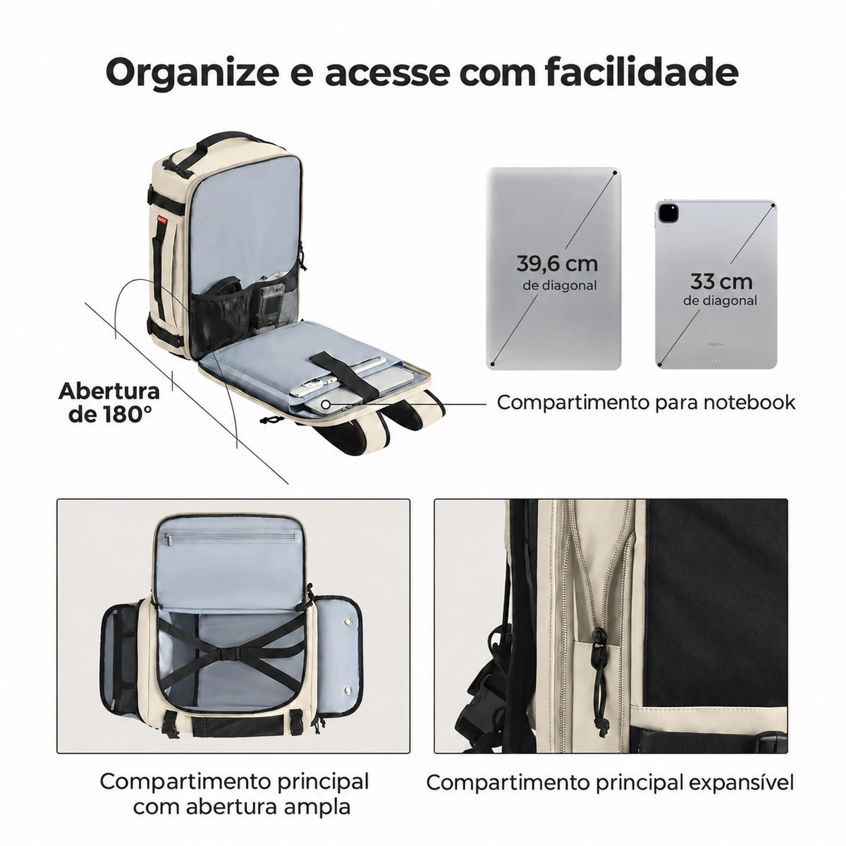 Mochila de Viagem Expansível 38 L com Compartimento para Sapatos Bags Mart Cor Bege — abertura e compartimento para eletrônicos
