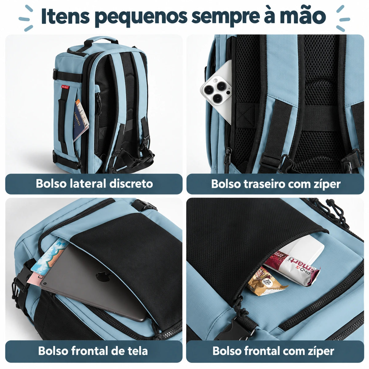 Mochila de Viagem Expansível 38 L com Compartimento para Sapatos Bags Mart Cor Cinza Azulado — bolsos e organização