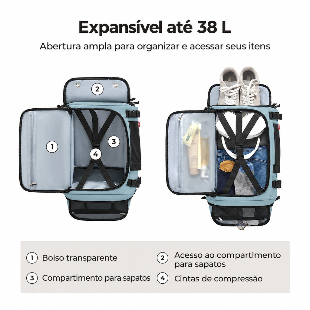 Mochila de Viagem Expansível 38 L com Compartimento para Sapatos Bags Mart Cor Cinza Azulado — organização interna