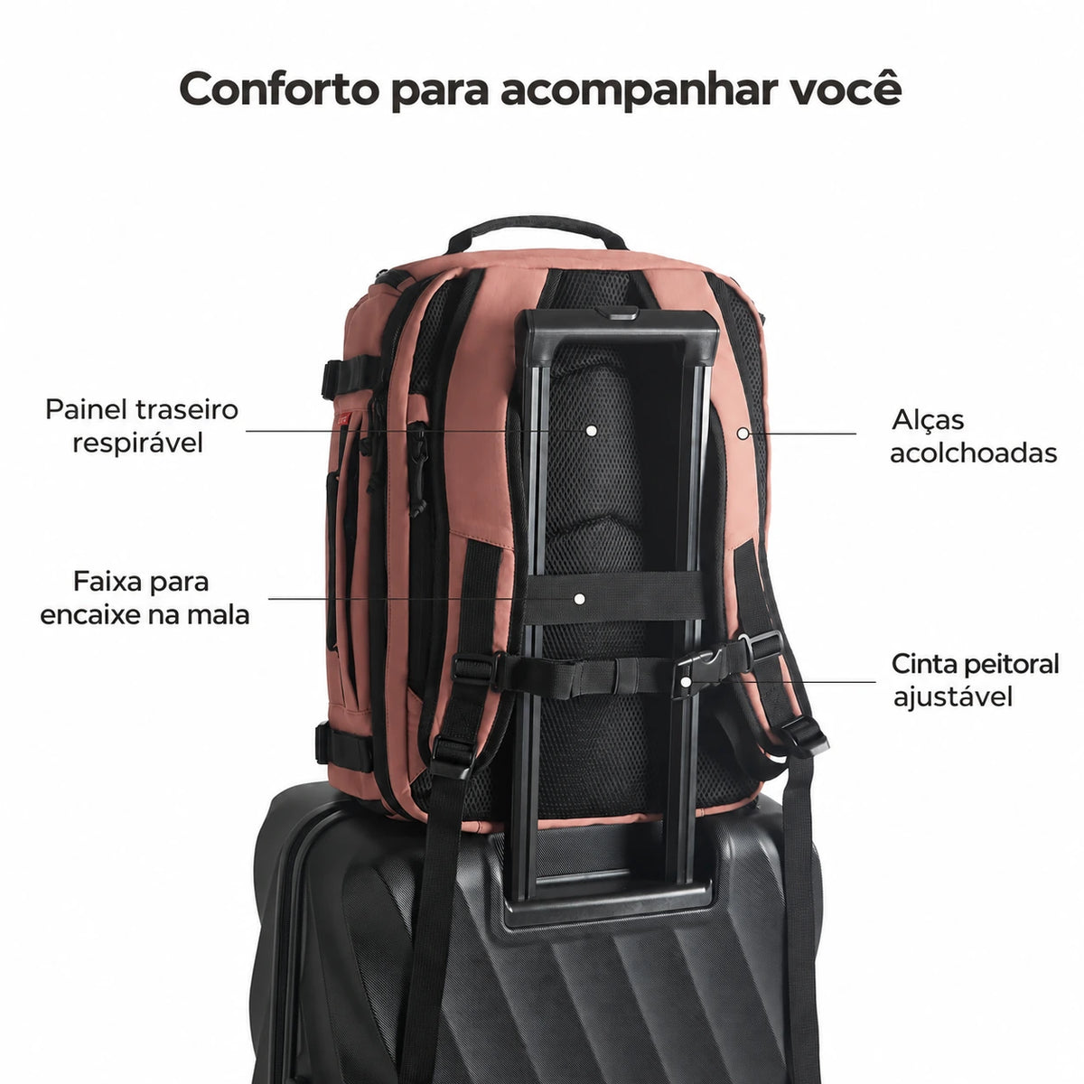 Mochila de Viagem Expansível 38 L com Compartimento para Sapatos Bags Mart Cor Rosa — alças e painel traseiro