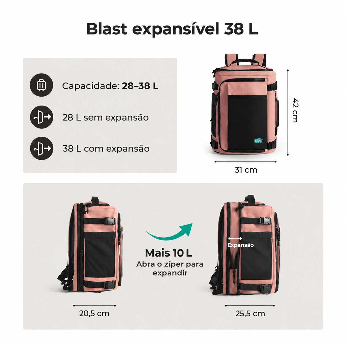 Mochila de Viagem Expansível 38 L com Compartimento para Sapatos Bags Mart Cor Rosa — dimensões em centímetros