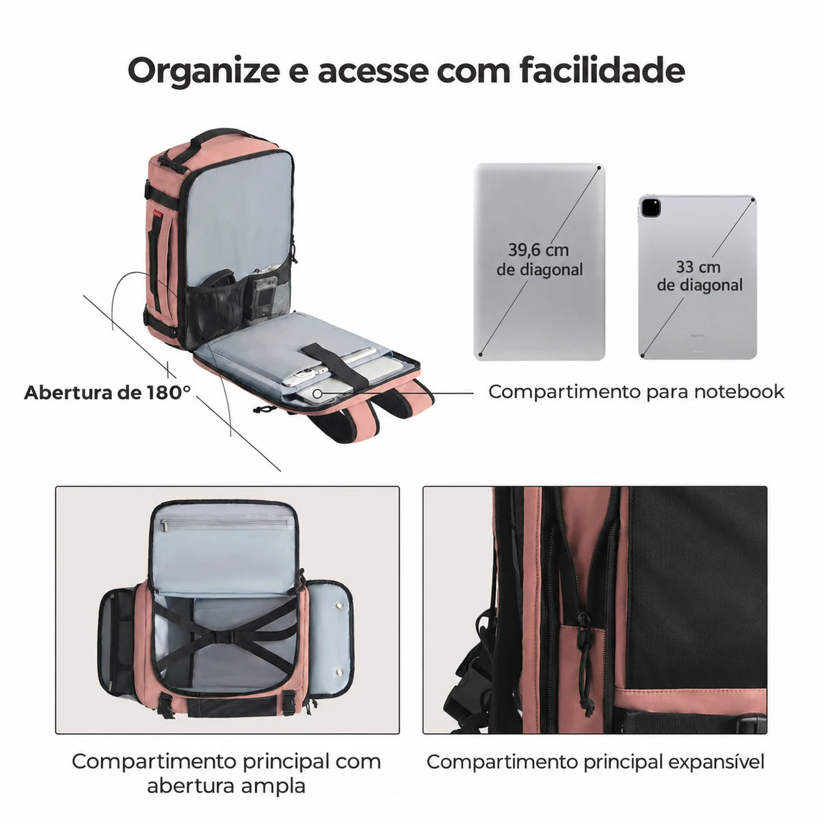Mochila de Viagem Expansível 38 L com Compartimento para Sapatos Bags Mart Cor Rosa — abertura e compartimento para eletrônicos