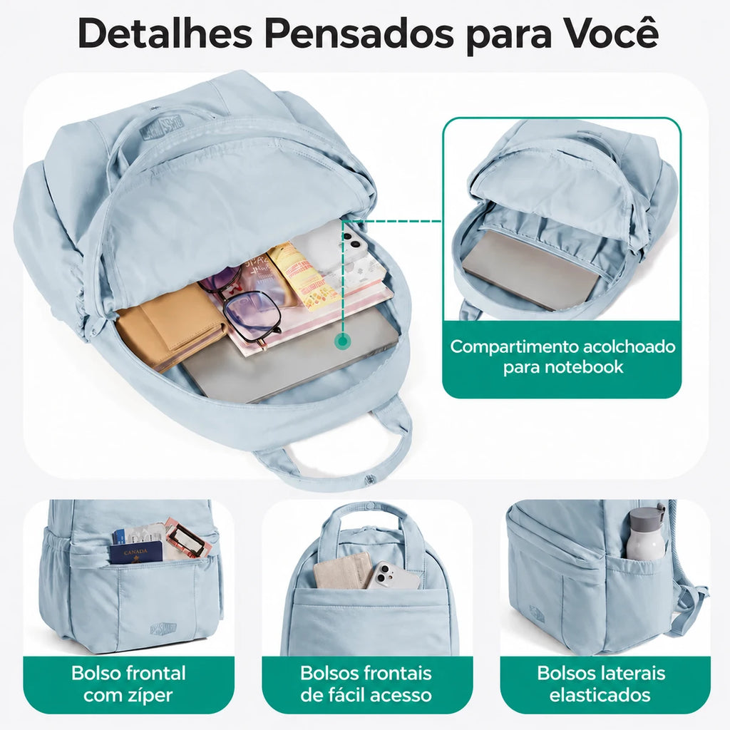 Interior, compartimento para notebook e bolsos da mochila Azul Céu