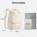 Dimensões da mochila Bege: 39 cm de altura, 29 cm de largura e 14 cm de profundidade