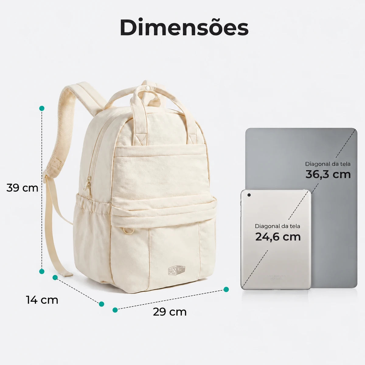 Dimensões da mochila Bege: 39 cm de altura, 29 cm de largura e 14 cm de profundidade