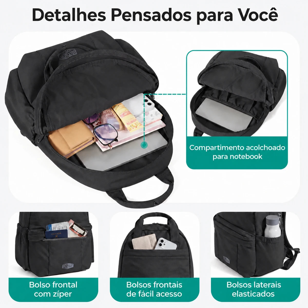 Interior, compartimento para notebook e bolsos da mochila Preto