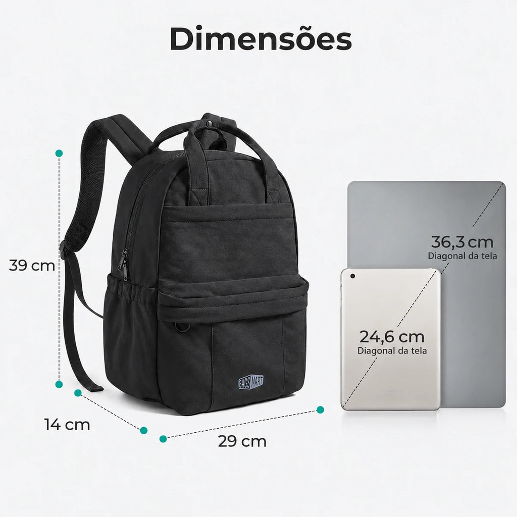 Dimensões da mochila Preto: 39 cm de altura, 29 cm de largura e 14 cm de profundidade