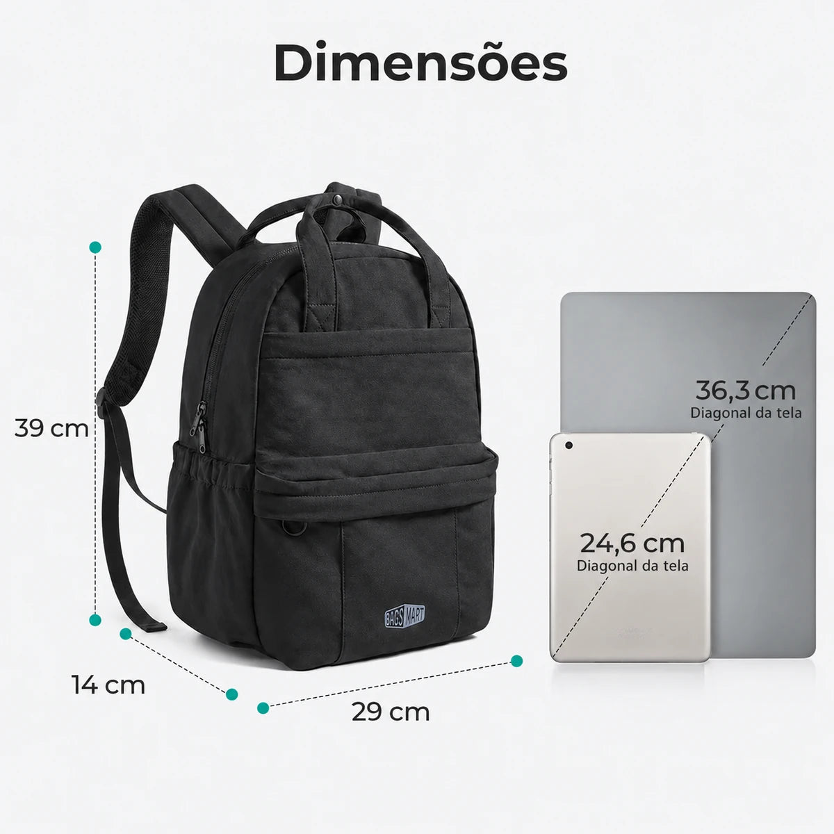 Dimensões da mochila Preto: 39 cm de altura, 29 cm de largura e 14 cm de profundidade