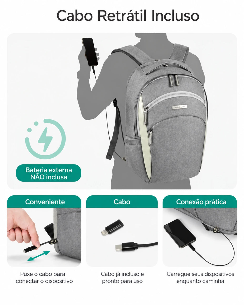 Mochila Executiva para Notebook com Cabo Retrátil Bags Mart Cor Cinza — Cabo retrátil incluso; bateria externa não inclusa