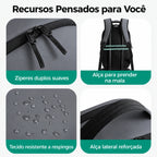 Zíperes, tecido e acabamentos da mochila Cinza