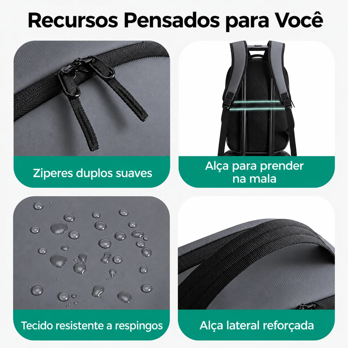 Zíperes, tecido e acabamentos da mochila Cinza
