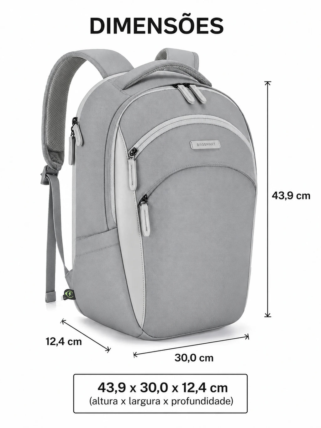 Mochila Executiva para Notebook com Cabo Retrátil Bags Mart Cor Cinza — 43,9 × 30,0 × 12,4 cm (altura × largura × profundidade)