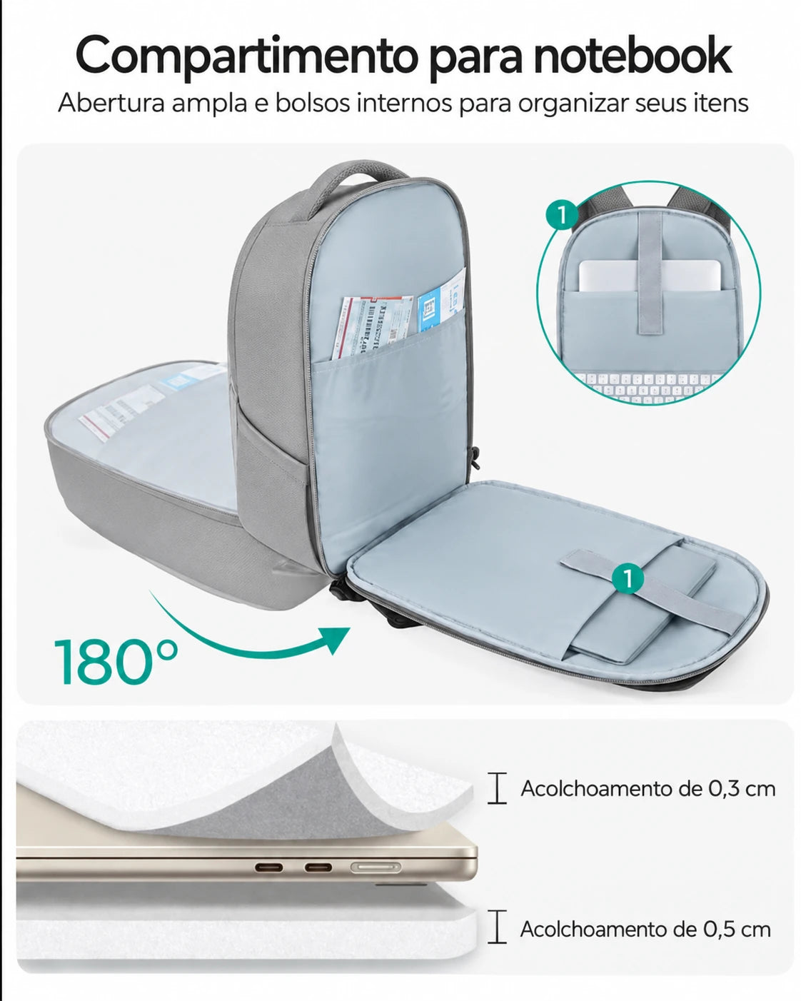 Mochila Executiva para Notebook com Cabo Retrátil Bags Mart Cor Cinza — Interior e compartimento acolchoado