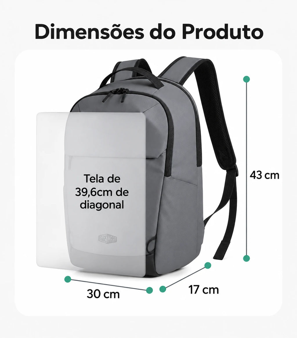 Dimensões da mochila executiva Cinza: 43 cm de altura, 30 cm de largura e 17 cm de profundidade