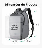 Dimensões da mochila executiva Cinza: 43 cm de altura, 30 cm de largura e 17 cm de profundidade
