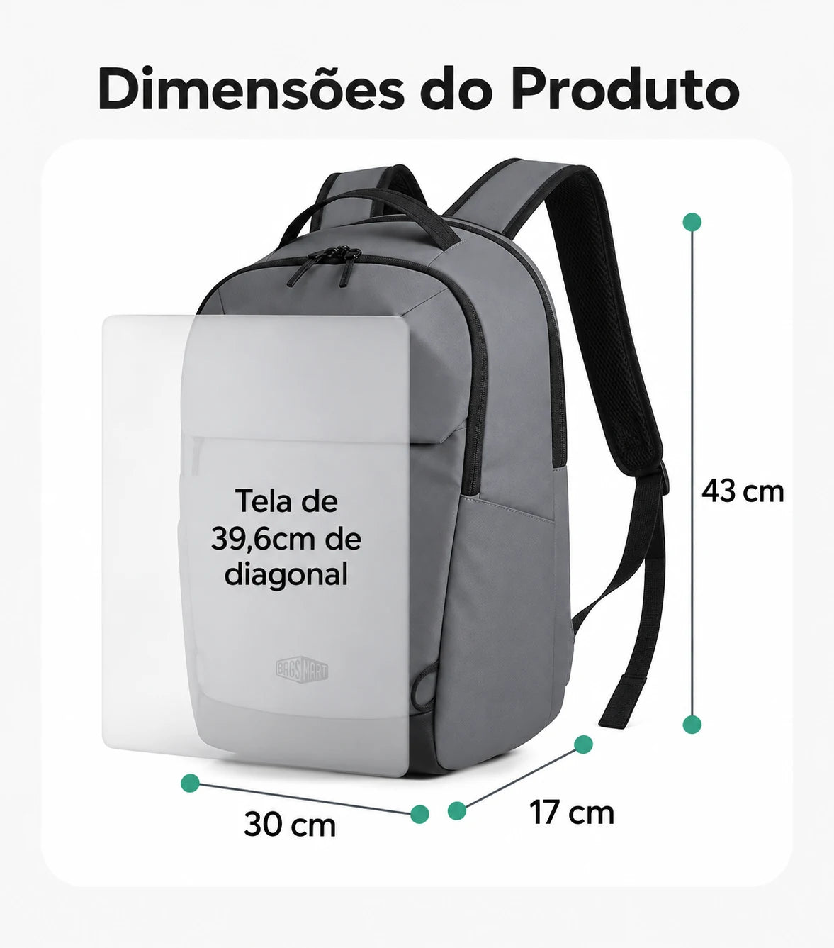 Dimensões da mochila executiva Cinza: 43 cm de altura, 30 cm de largura e 17 cm de profundidade