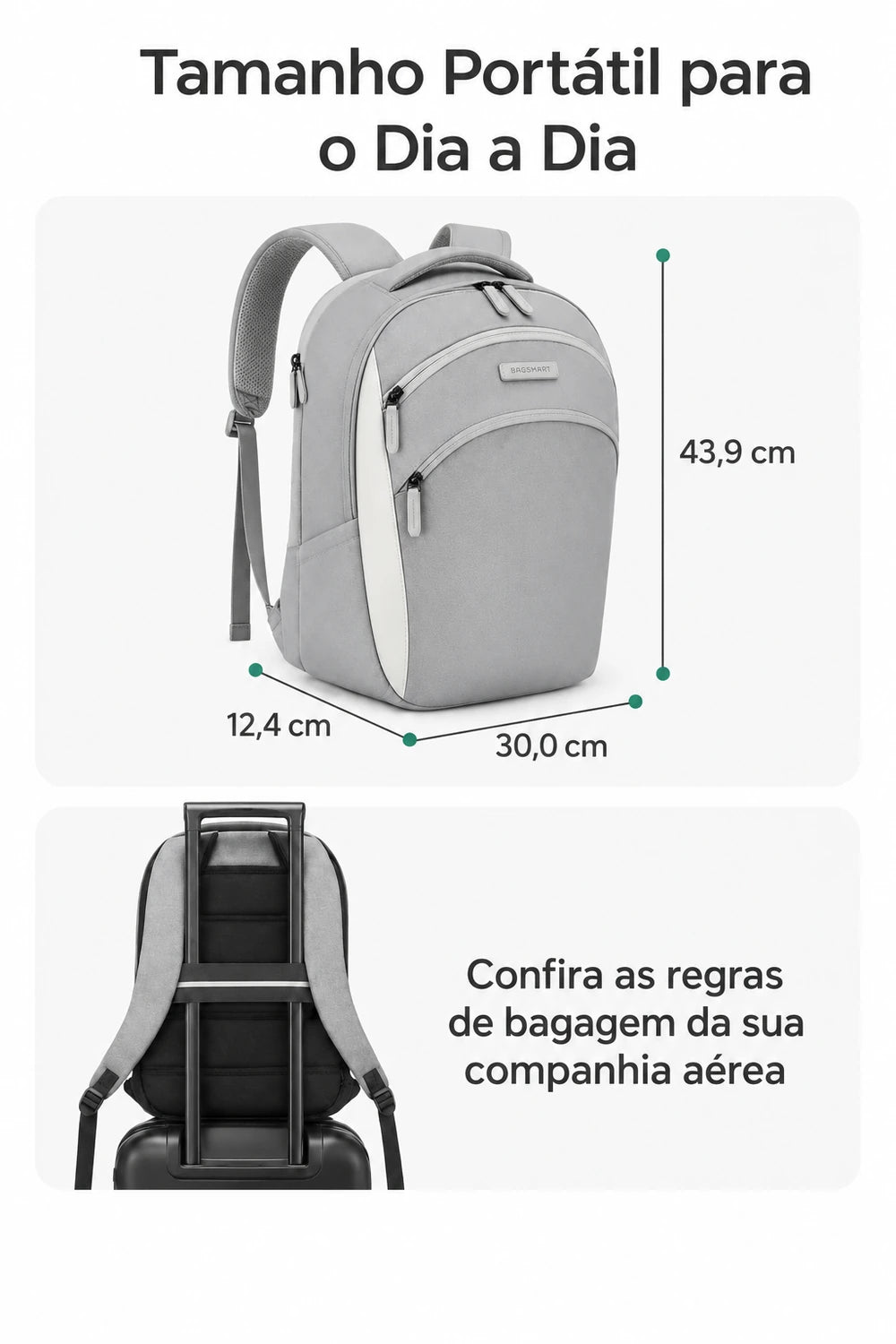 Mochila Executiva para Notebook com Cabo Retrátil Bags Mart Cor Cinza — Verso, faixa para mala e medidas em centímetros