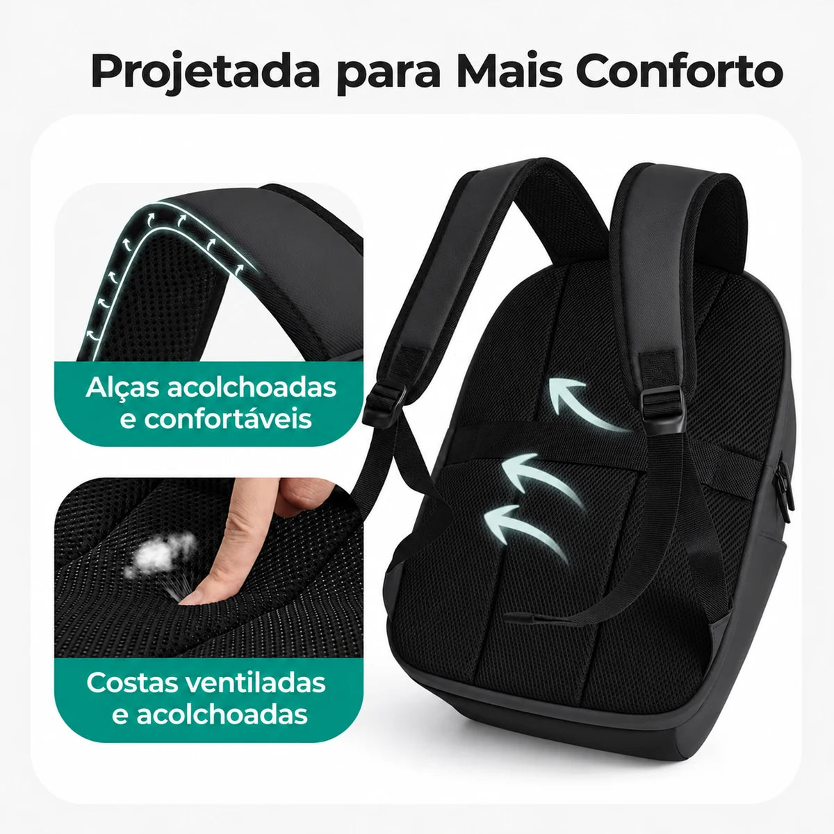Costas e alças acolchoadas da mochila Preto