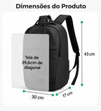Dimensões da mochila executiva Preto: 43 cm de altura, 30 cm de largura e 17 cm de profundidade