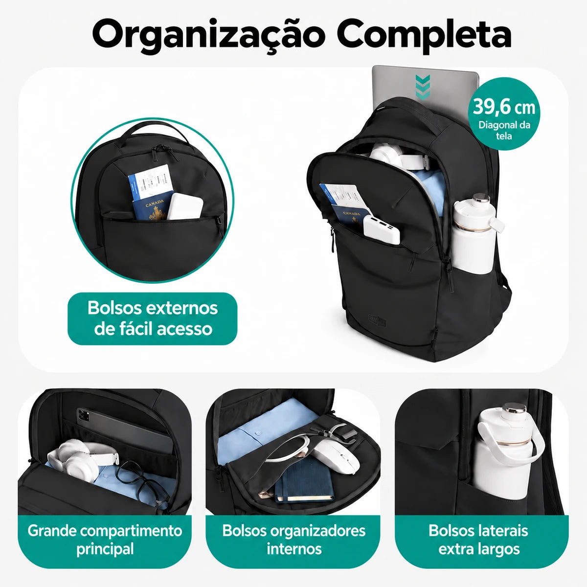 Compartimentos, forro e bolsos da mochila executiva Preto