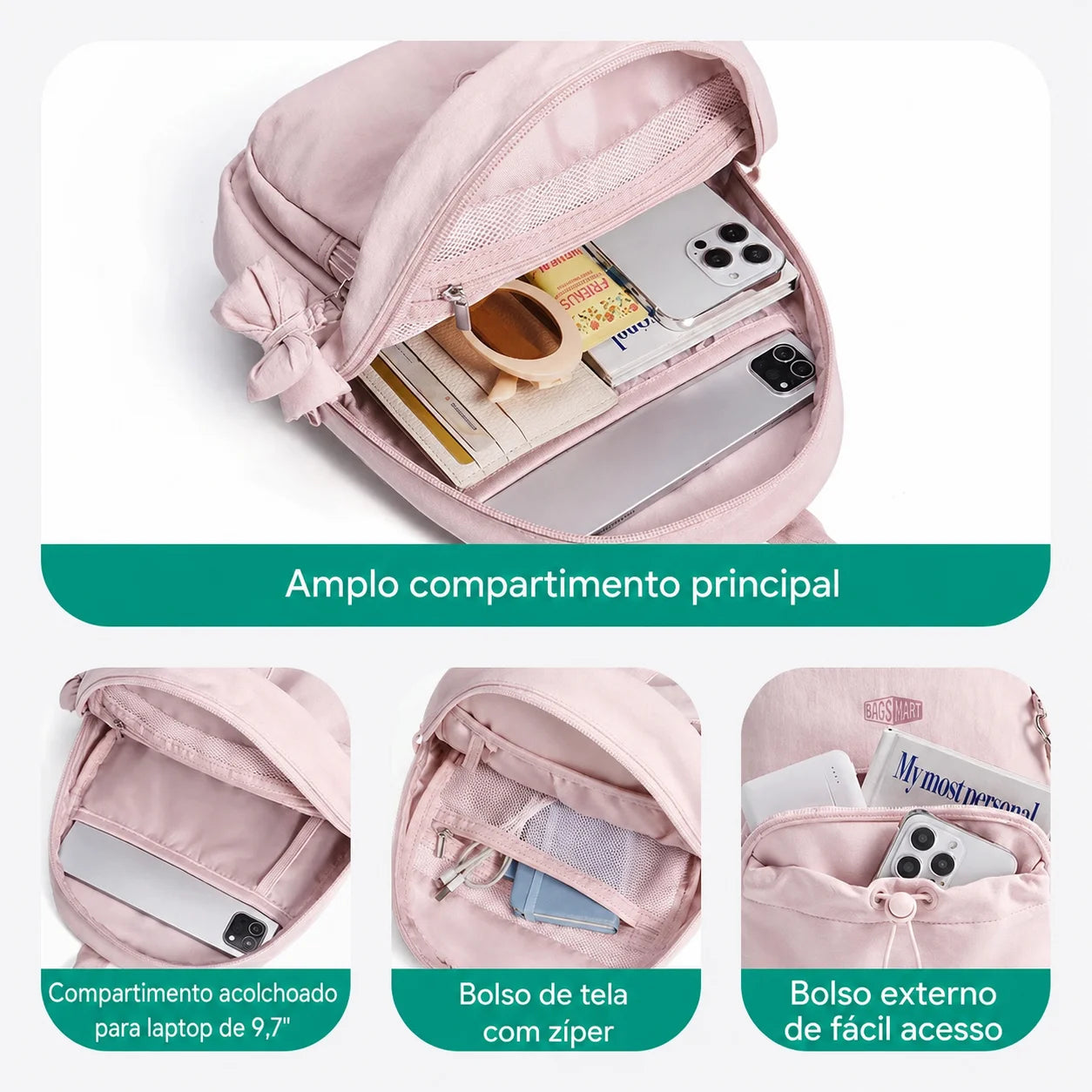 Amplo Compartimento Principal, Compartimento para Laptop 9,7" - Mochila Feminina Minimalista Bags Mart