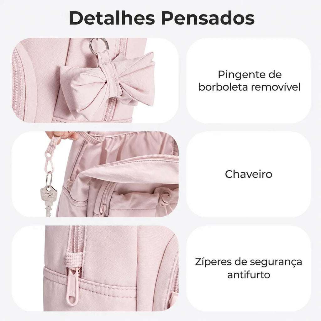 Detalhes Pensados - Pingente de Borboleta Removível e Chaveiro - Mochila Feminina Minimalista Bags Mart