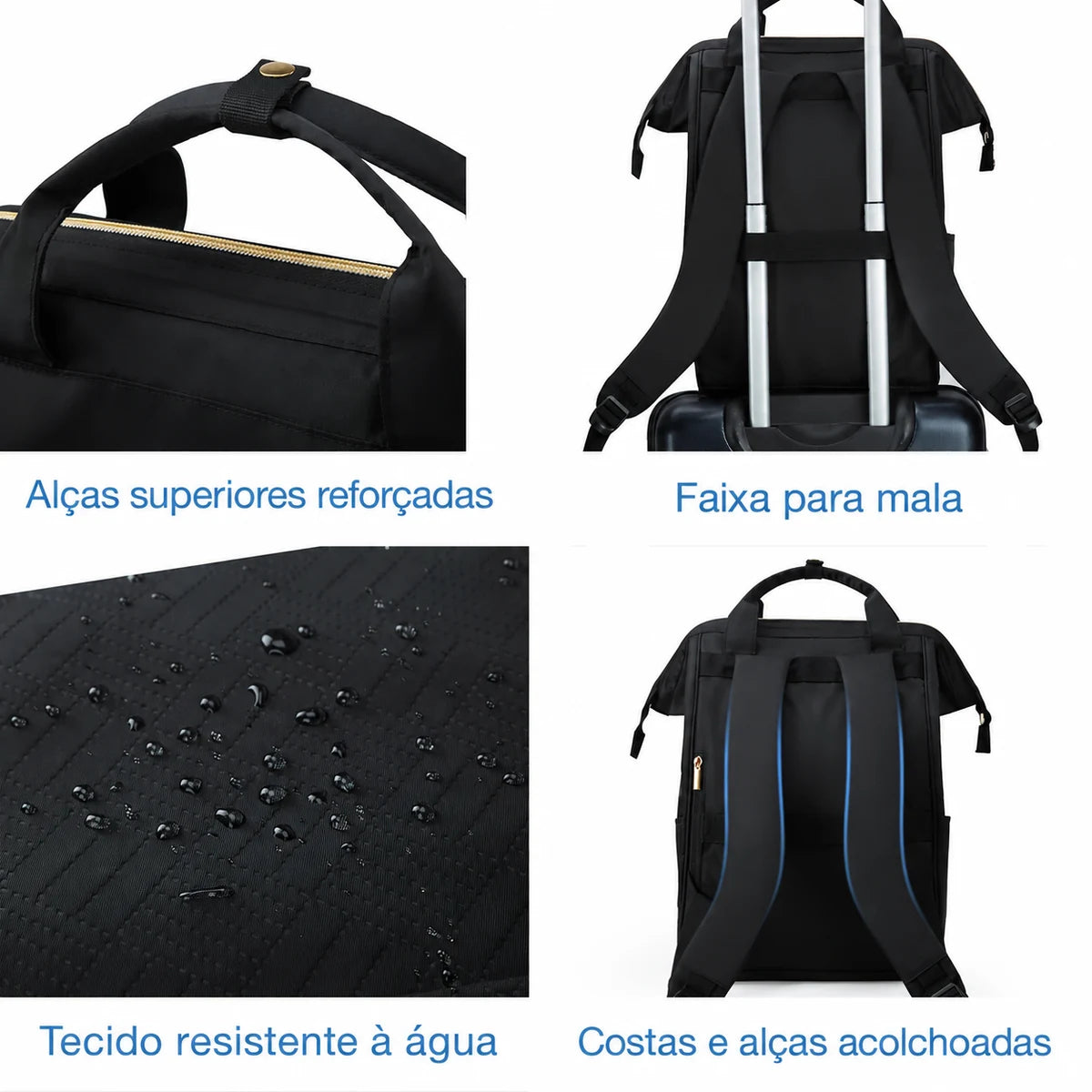 Mochila Feminina Universitária Bags Mart Cor Preto — alças reforçadas, faixa para mala, tecido resistente à água e costas acolchoadas