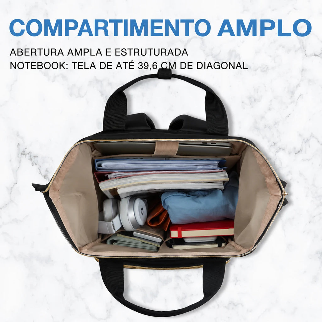Mochila Feminina Universitária Bags Mart Cor Preto — vista detalhada do interior com forro claro e compartimento para notebook