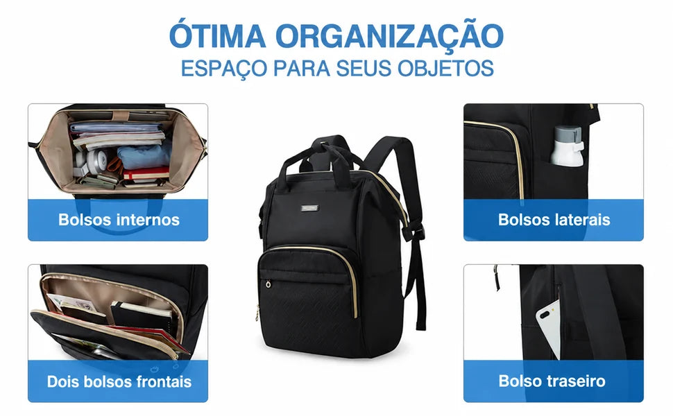Mochila Feminina Universitária Bags Mart Cor Preto — bolsos internos, laterais, dois frontais e traseiro
