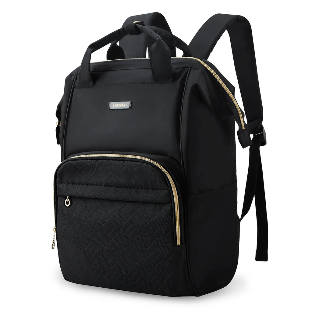 Mochila Feminina Universitária Bags Mart Cor Preto — parte superior lisa, placa metálica e zíperes dourados