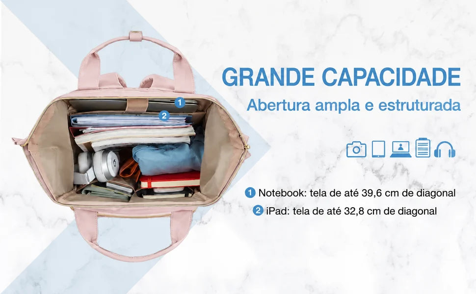 Mochila Feminina Universitária Bags Mart Cor Rosa — abertura ampla, notebook de até 39,6 cm e iPad de até 32,8 cm de diagonal
