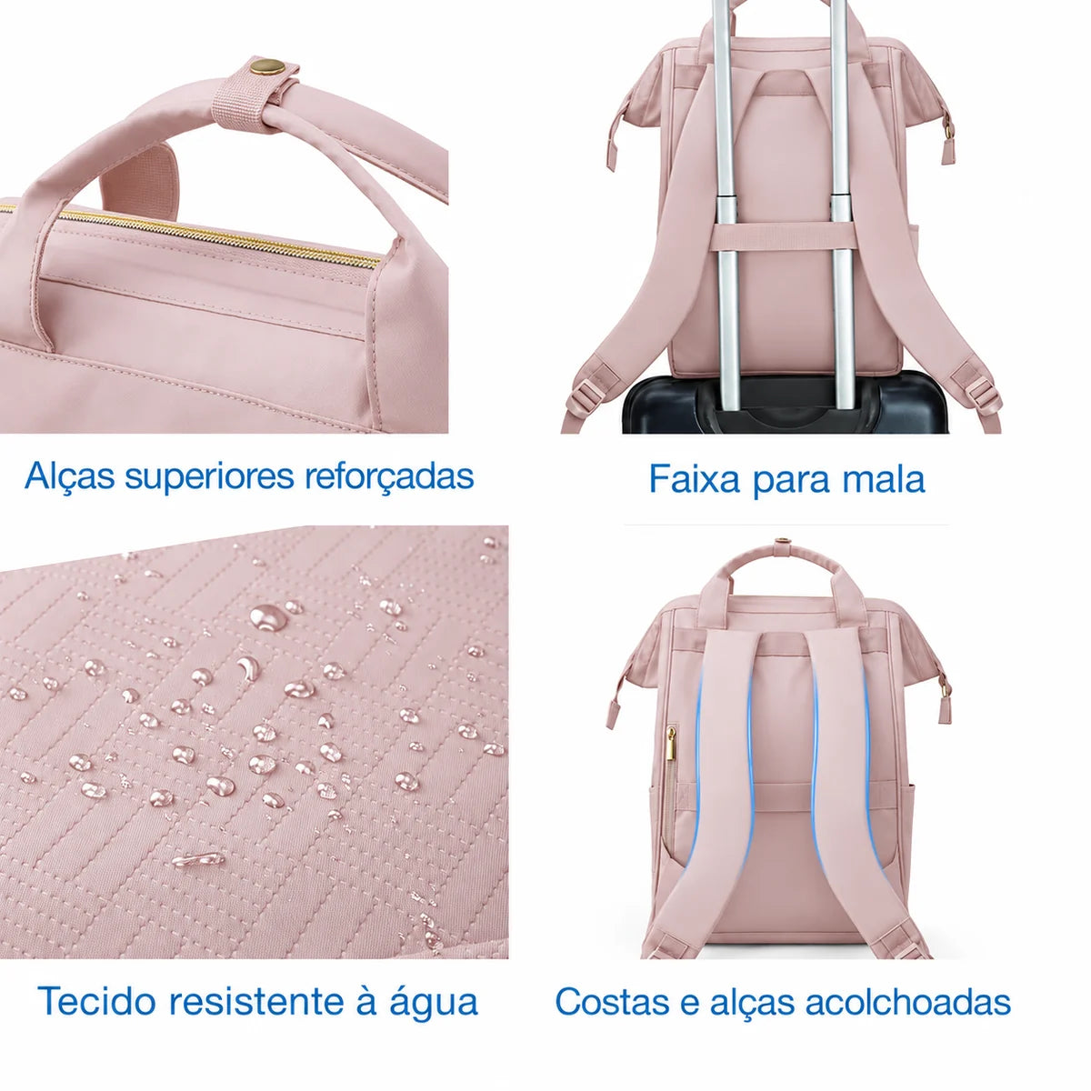 Mochila Feminina Universitária Bags Mart Cor Rosa — alças reforçadas, faixa para mala, tecido resistente à água e costas acolchoadas