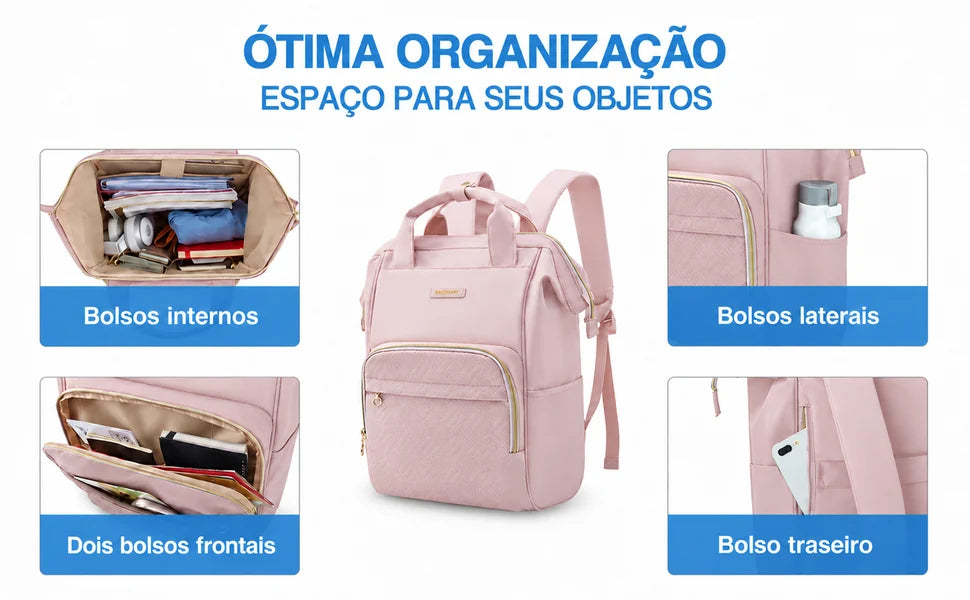 Mochila Feminina Universitária Bags Mart Cor Rosa — bolsos internos, laterais, dois frontais e traseiro
