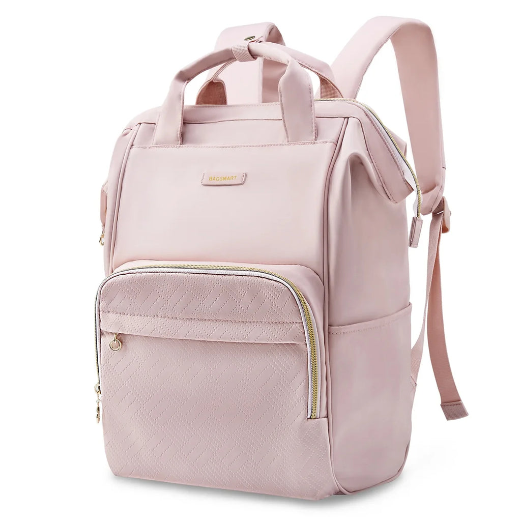 Mochila Feminina Universitária Bags Mart Cor Rosa — parte superior lisa, etiqueta rosa e zíperes dourados