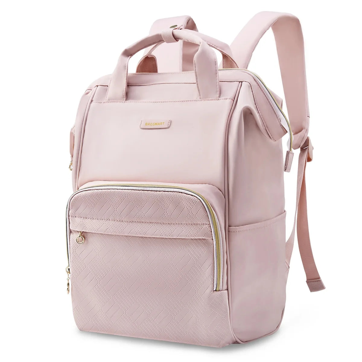 Mochila Feminina Universitária Bags Mart Cor Rosa — parte superior lisa, etiqueta rosa e zíperes dourados