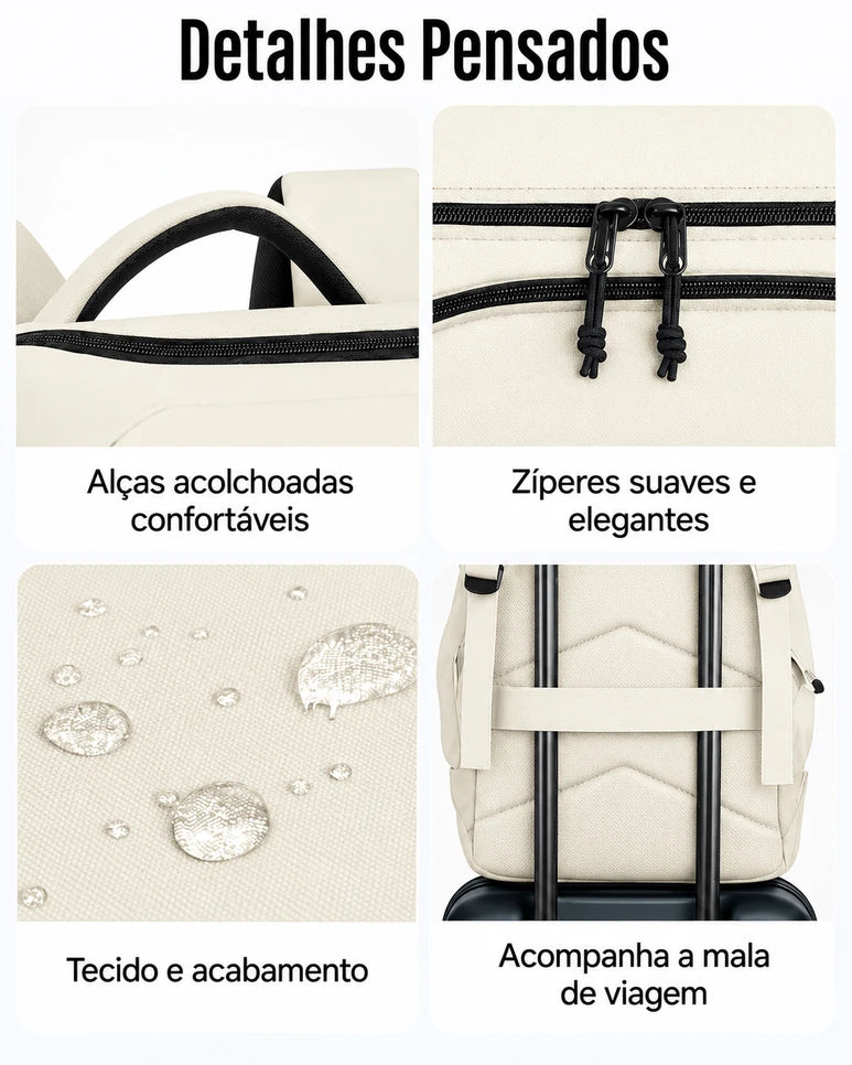 Mochila de Viagem Resistente à Água para Notebook Bags Mart Cor Bege — Alças, zíperes e faixa para mala
