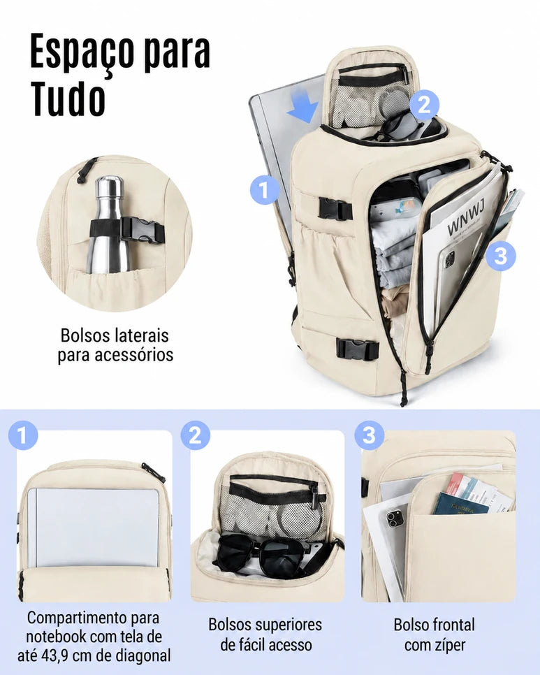 Mochila de Viagem Resistente à Água para Notebook Bags Mart Cor Bege — Compartimentos e organização