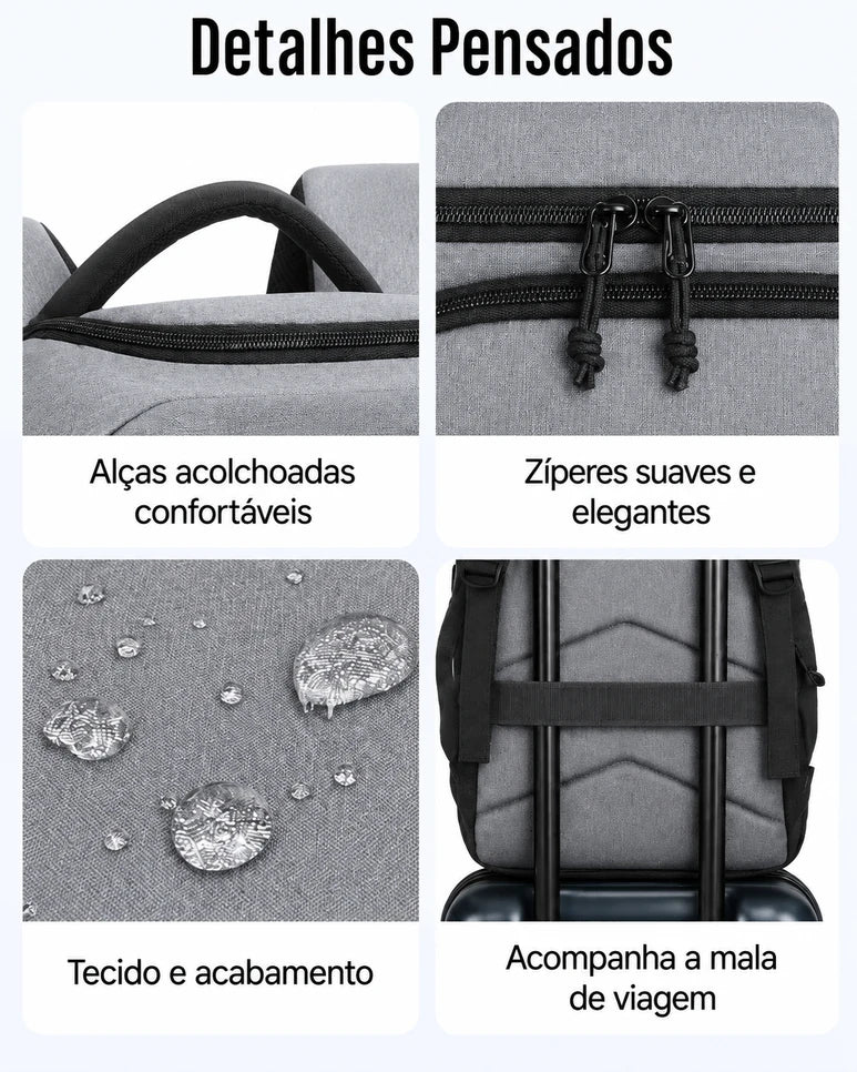 Mochila de Viagem Resistente à Água para Notebook Bags Mart Cor Cinza Escuro — Alças, zíperes e faixa para mala