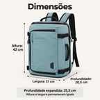 Mochila de viagem Bags Mart na cor Azul Claro — altura 42 cm, largura 31 cm, profundidade 20,5 cm e profundidade expandida 25,5 cm